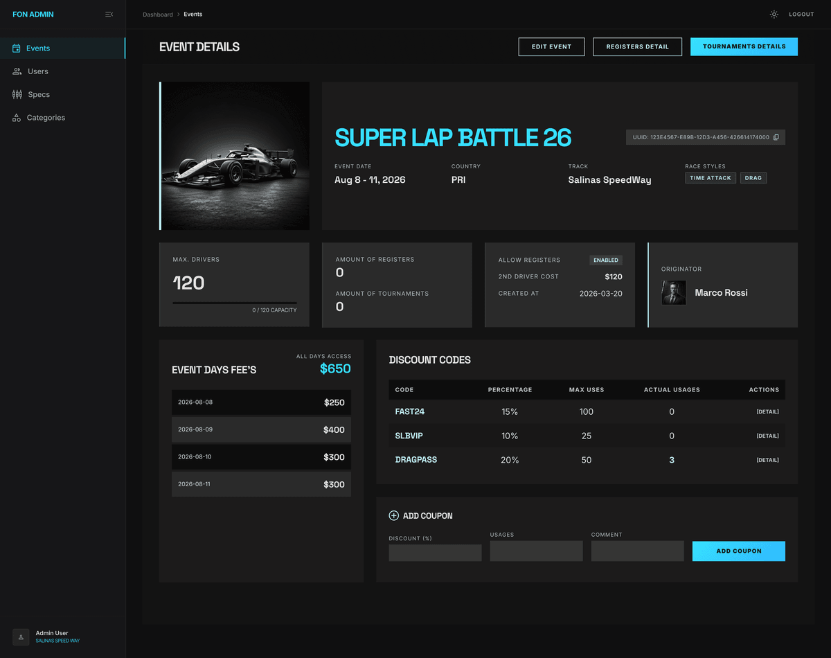 New FON event details with structured layout, pricing, and discount codes