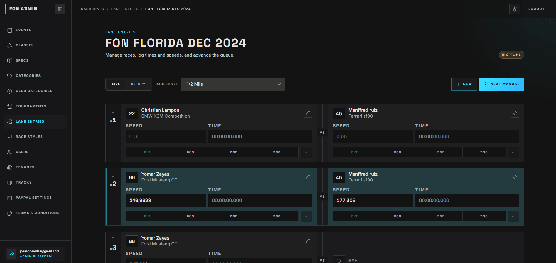 New FON lane entries with organized lane assignments and driver details