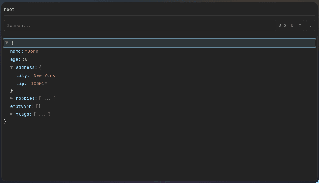 react-json-treeview displaying searchable nested JSON with breadcrumbs and syntax highlighting