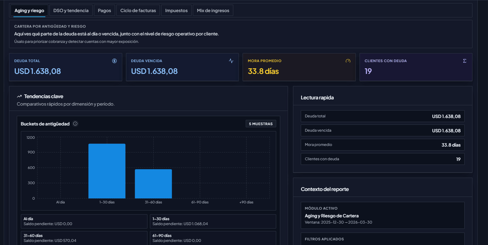 NetGest billing analytics showing aging buckets, overdue amounts, and debt distribution
