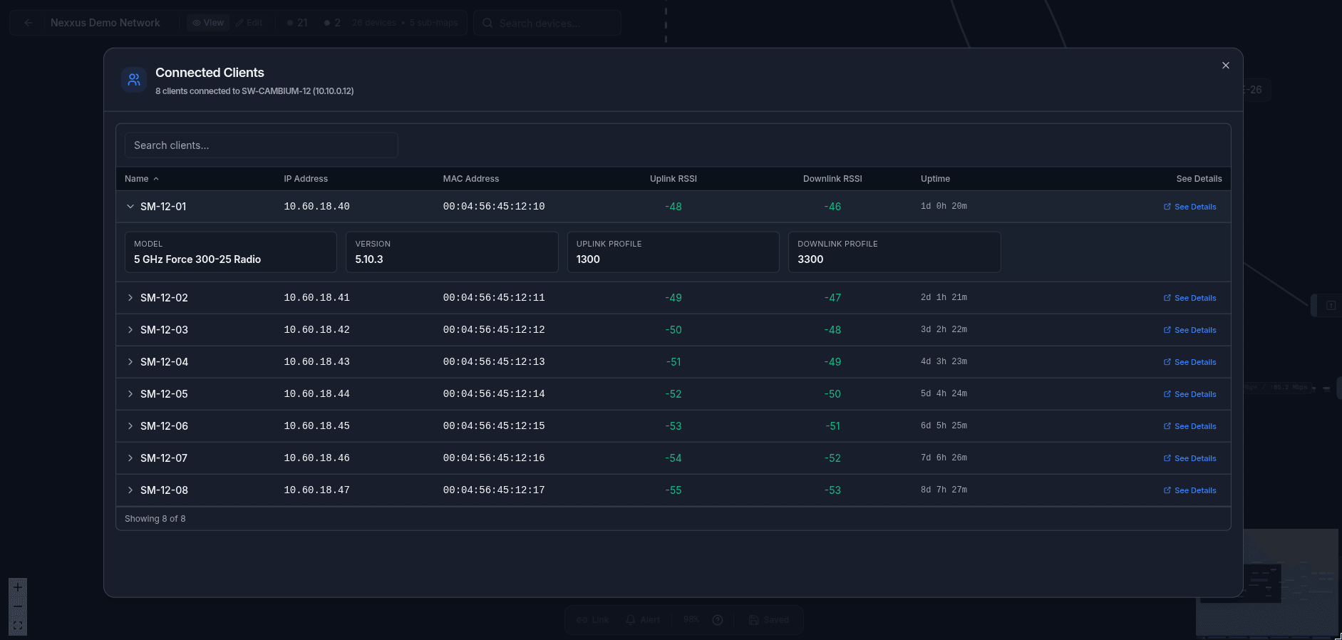 Nexxus access point clients modal showing connected clients and radio information