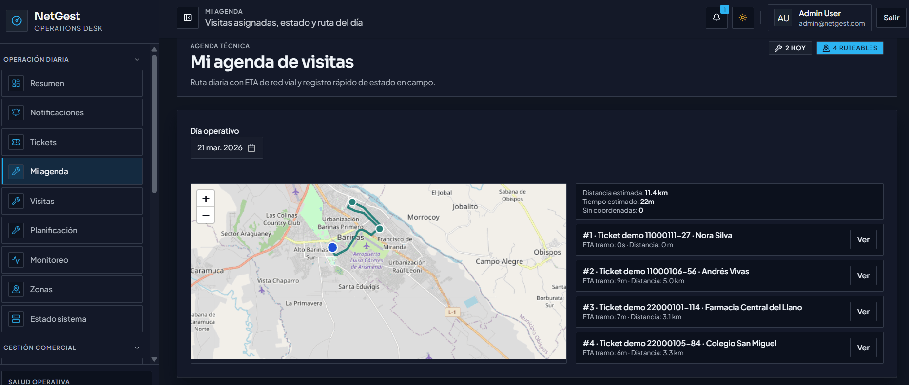 NetGest technician agenda showing scheduled visits and route planning map