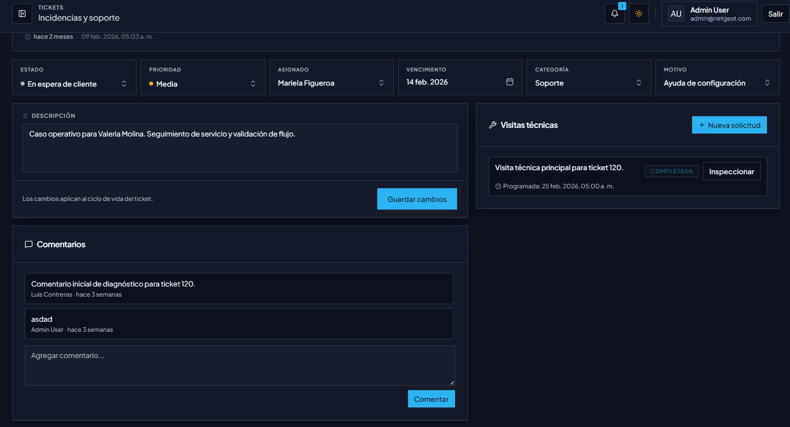 NetGest ticket detail view showing customer context, status, and linked operational data