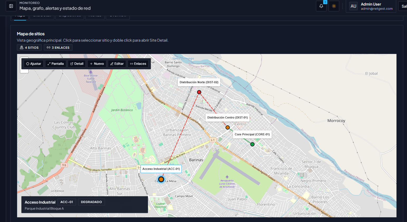 NetGest geographic topology monitor showing network sites and live status across the service area